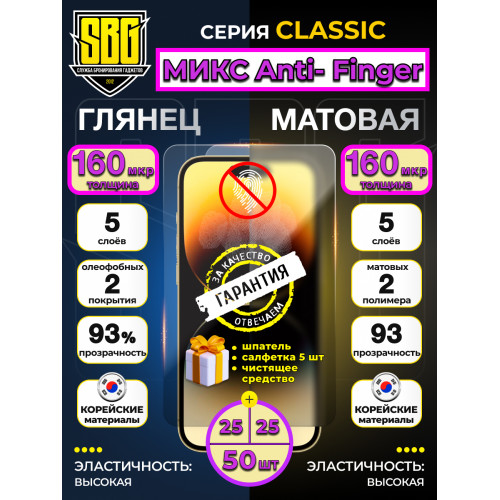  Защитная плёнка SBG "Микс Глянцевая и Матовая ANTI-FINGER" для телефонов (50 шт)