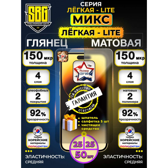 Защитная полиуретановая плёнка SBG "Микс Глянцевая и Матовая  ЛЁГКАЯ-LITE" для телефонов (25/25шт)