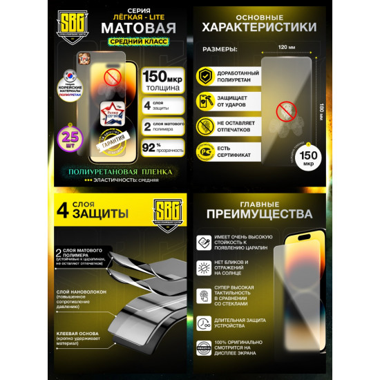 Защитная полиуретановая плёнка SBG "Микс Глянцевая и Матовая  ЛЁГКАЯ-LITE" для телефонов (25/25шт)