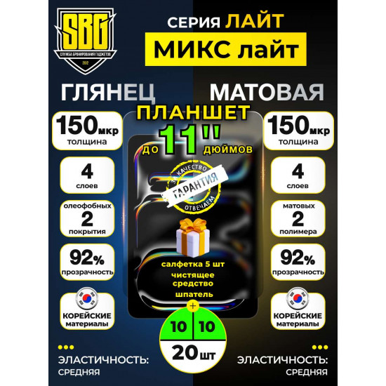 Защитная пленка SBG "Микс Глянцевая и Матовая ЛАЙТ 11" дюймов" для планшета (20 шт)
