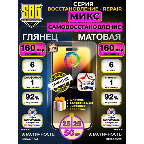 Защитная полиуретановая плёнка SBG "Микс Глянцевая и Матовая ВОССТАНОВЛЕНИЕ-REPAIR 160 мкм" для телефонов (25/25шт)