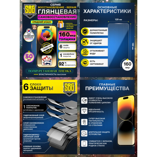 Защитная полиуретановая плёнка SBG "Глянцевая ВОССТАНОВЛЕНИЕ-REPAIR 160 мкм" для телефонов (50шт)