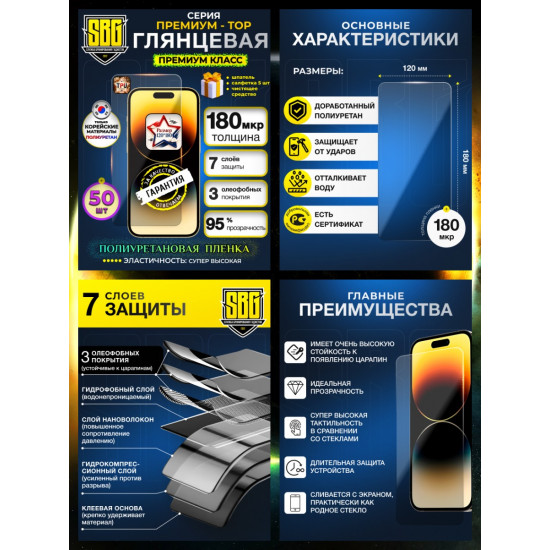 Защитная полиуретановая плёнка SBG "Глянцевая ПРЕМИУМ-TOP" для телефонов (50шт)